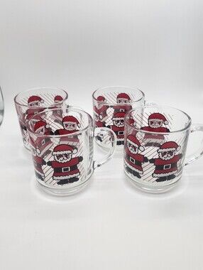 Luminarc Vintage Retro Striped Glass Santa Mugs Cup Christmas Dinner Holiday (2)